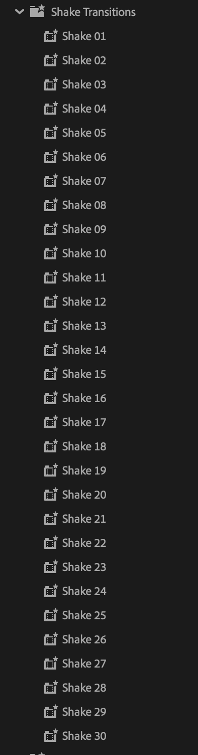 Actual Premiere Pro Shake Transitions presets from Shake 01 to Shake 30